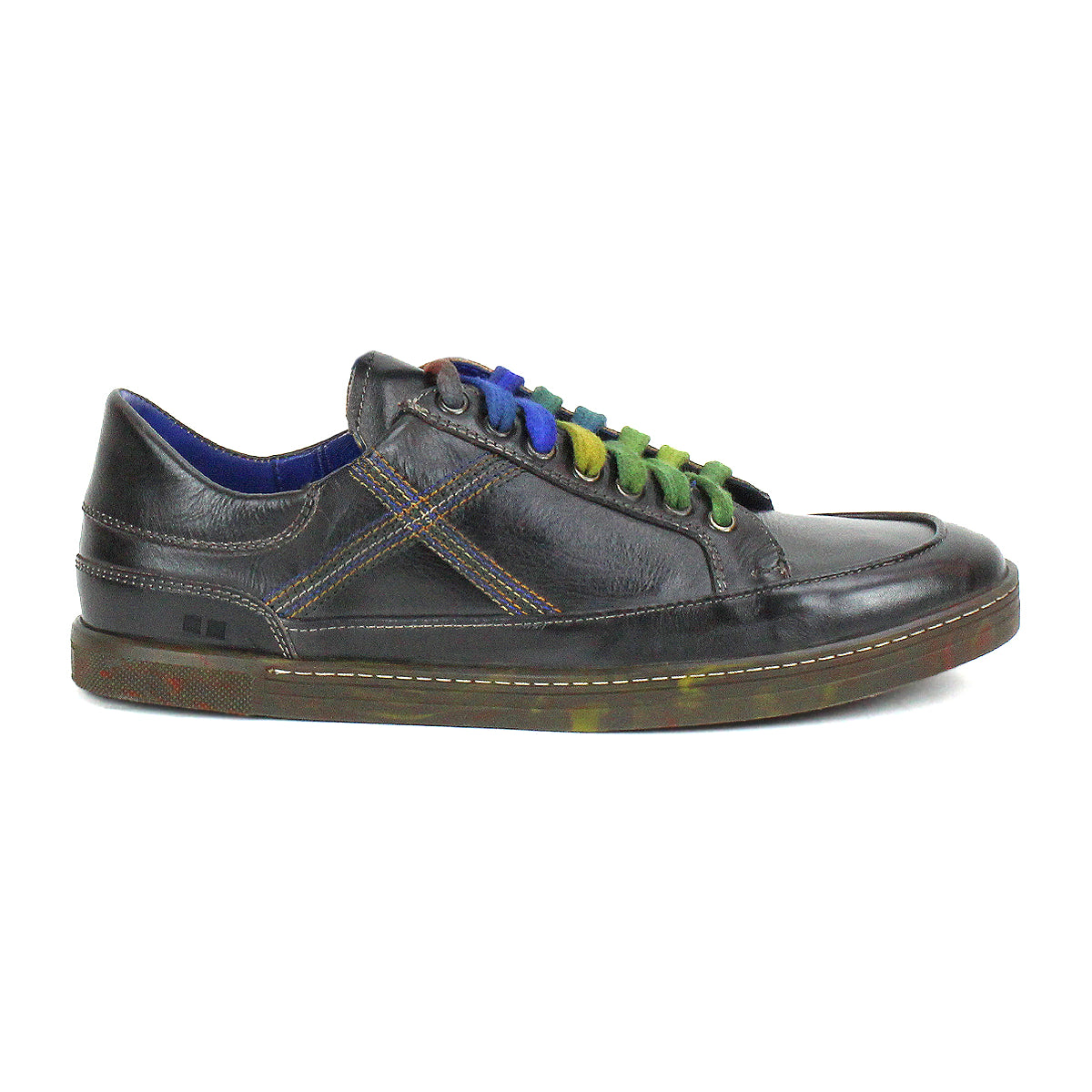 The Bed Stu Wizard is a black leather low-profile sneaker featuring multicolored laces, crossover stitching, and a translucent rubber sole, shown in a left side profile view.