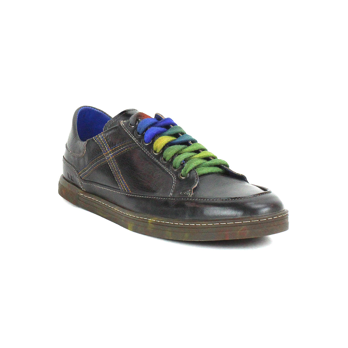 The Bed Stu Wizard is a dark brown, low-profile leather sneaker with crossover stitching, blue inner lining, and multi-colored laces in blue, purple, green, and yellow, shown at an angle on a white background.