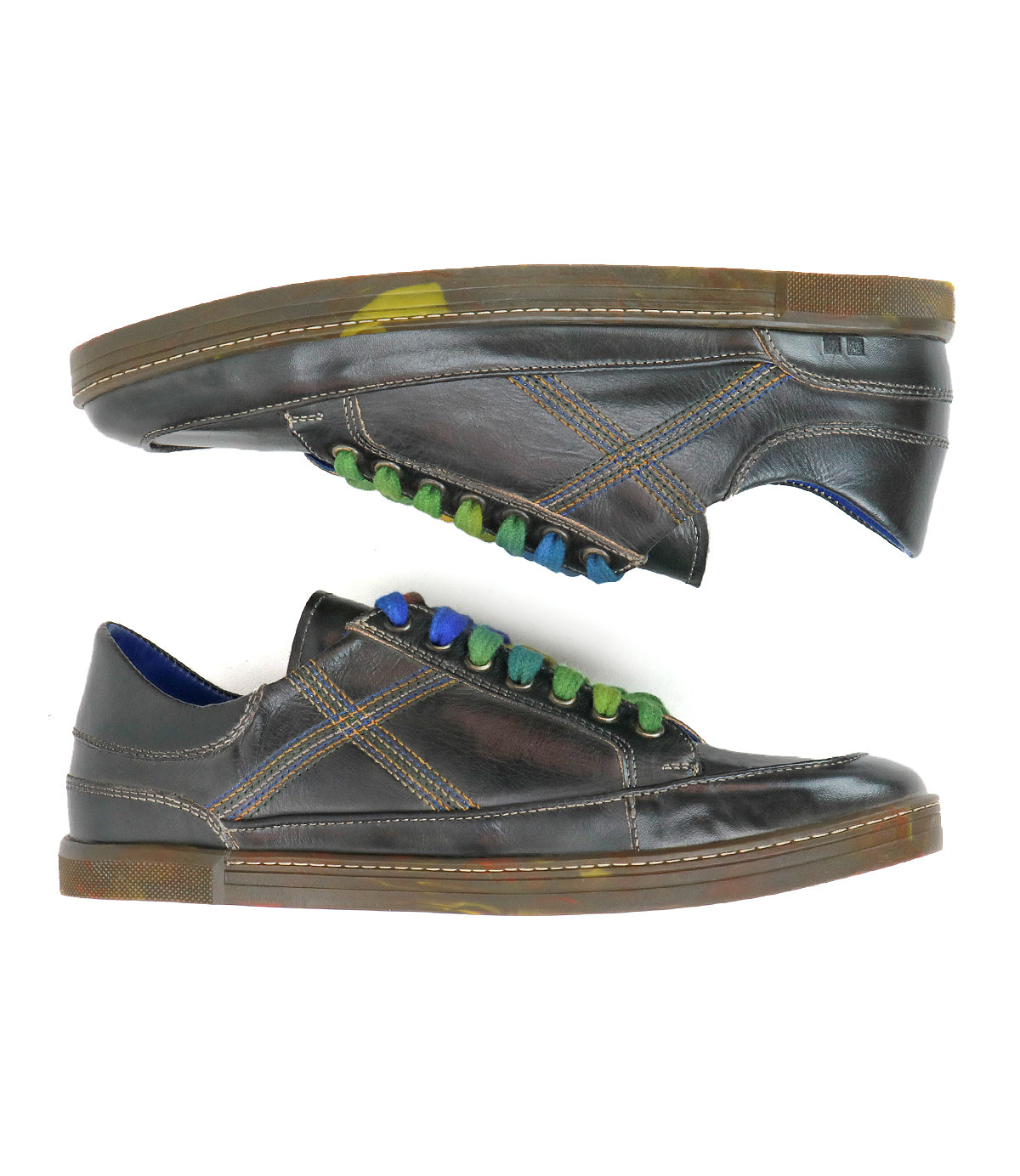 Bed Stu's Wizard sneakers in dark brown leather feature multicolored laces and crossover stitching, showcased in a side view against a white background.