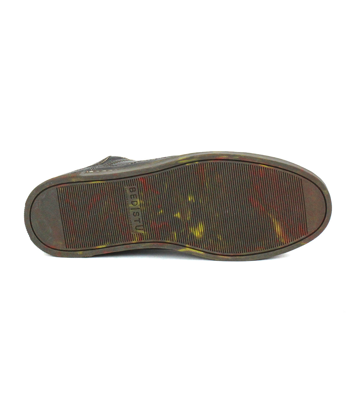 The view shows the bottom sole of the Bed Stu Wizard leather sneaker, featuring a ribbed texture, slight discoloration, and "BED|STU" embossed near the center.