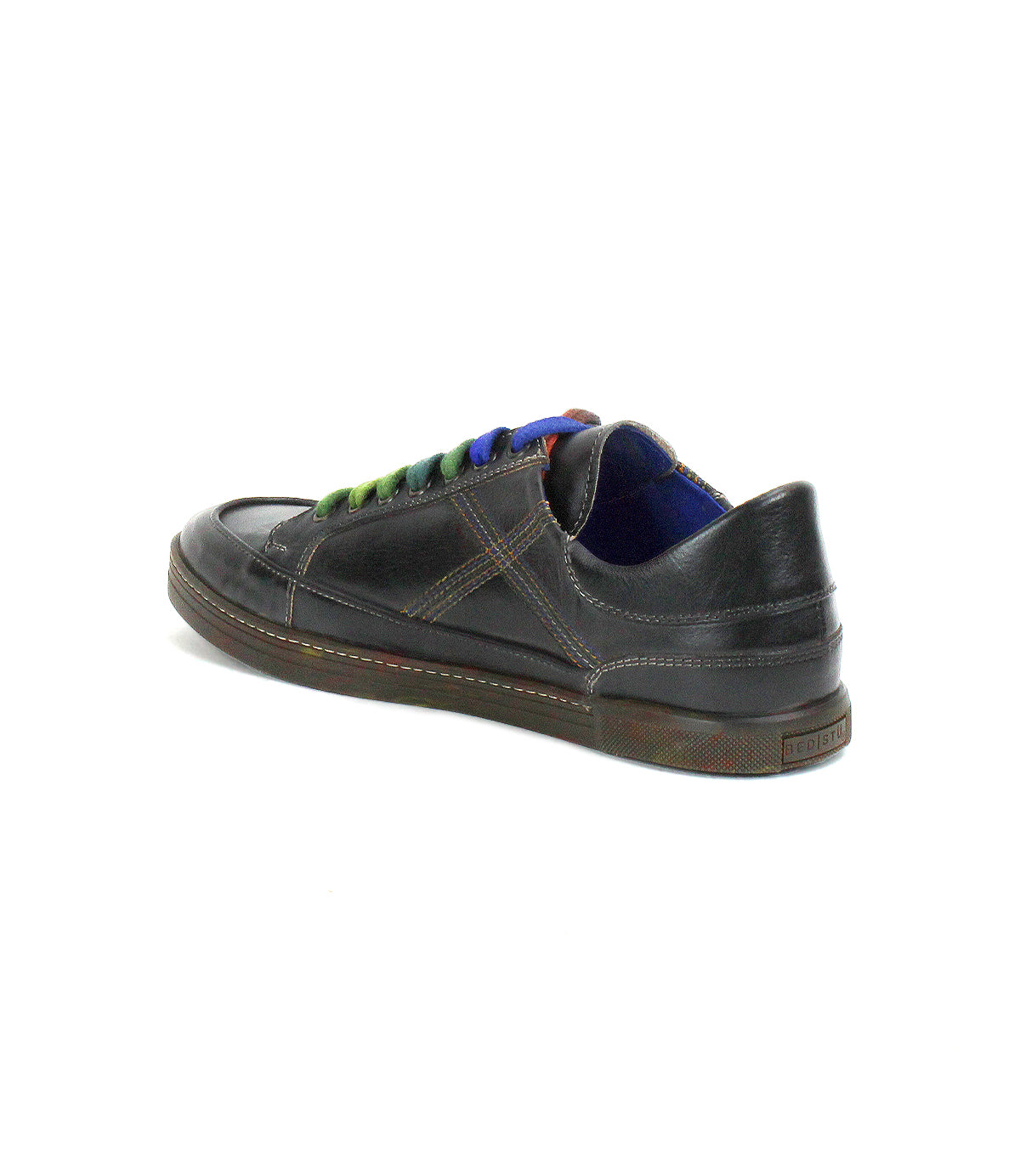 The Bed Stu Wizard is a black, low-profile leather sneaker featuring multicolored laces, blue inner lining, and crossover stitching, displayed from a rear side angle on a white background.