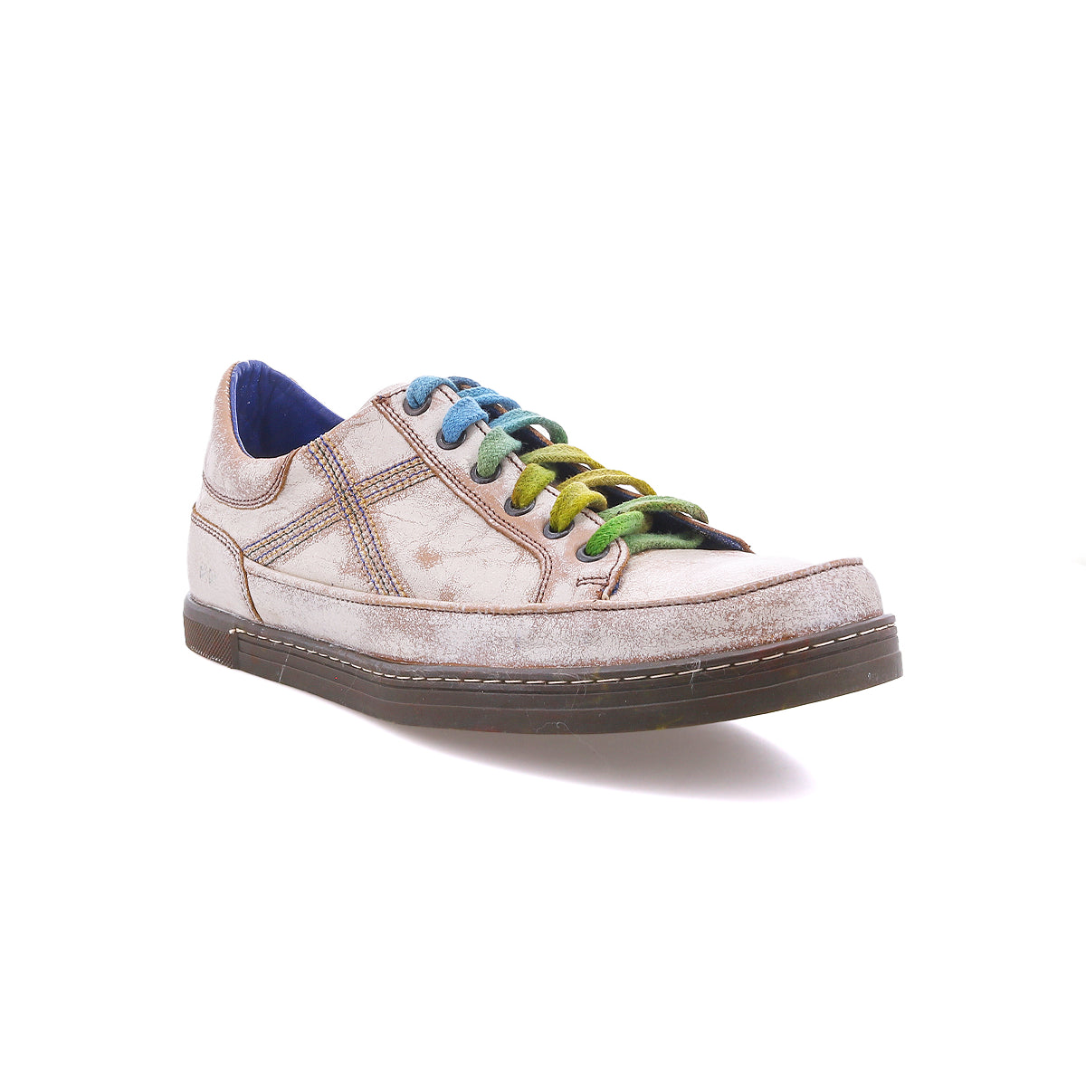 Bed|Stü Wizard low-profile leather sneaker in distressed off-white with crossover stitching, multicolored laces, and a blue interior lining.