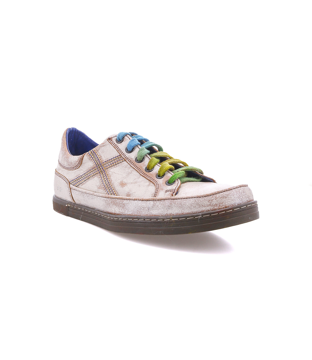 Bed|Stü Wizard low-profile leather sneaker in distressed off-white with crossover stitching, multicolored laces, and a blue interior lining.