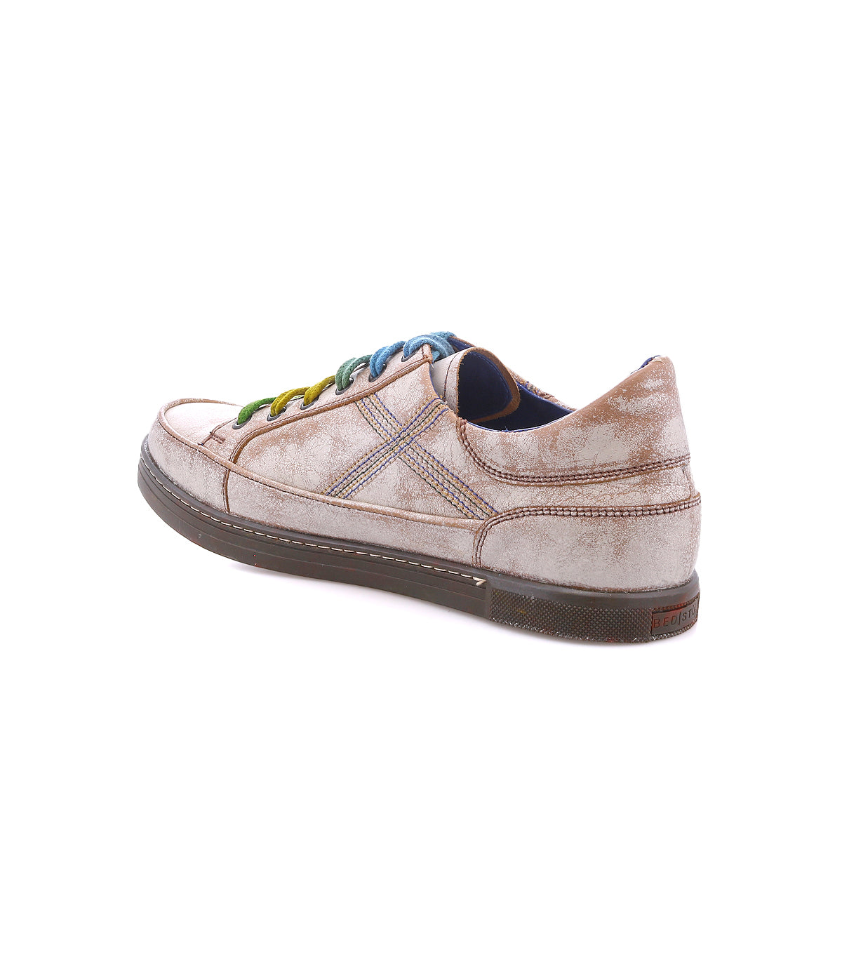 Wizard low-profile leather sneaker by Bed|Stü with a distressed finish, crossover stitching, and multicolored laces.