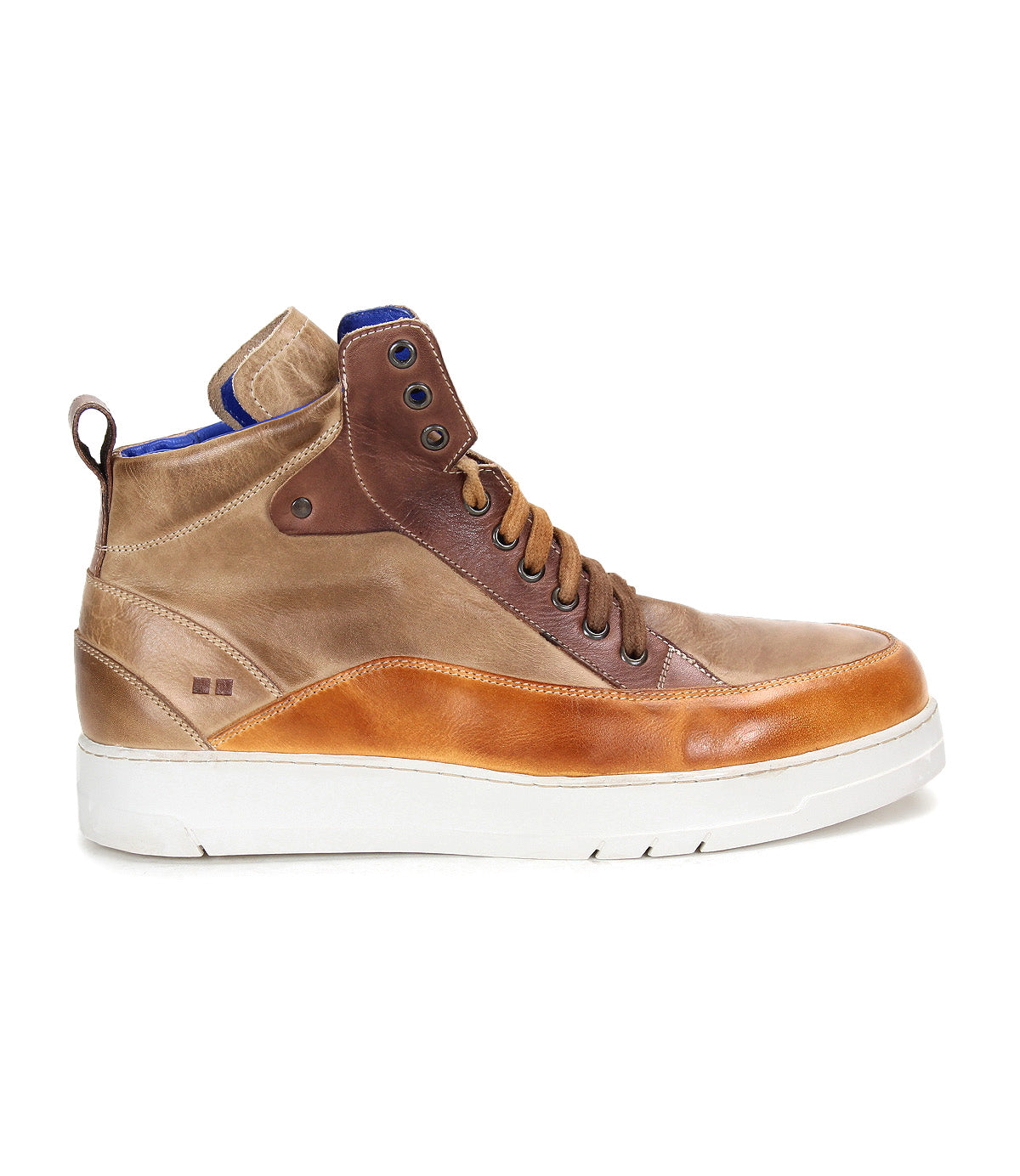 Bed Stu Workbench men’s high-top sneaker in brown leather, white cushioned rubber sole, tan toe, brown laces, and blue inner lining; shown in profile view facing right.