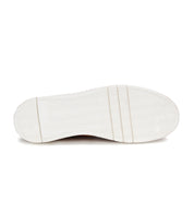 The image shows the bottom view of the Bed Stu Workbench men’s sneaker, featuring a white cushioned rubber sole with a herringbone tread pattern and three horizontal grooves.