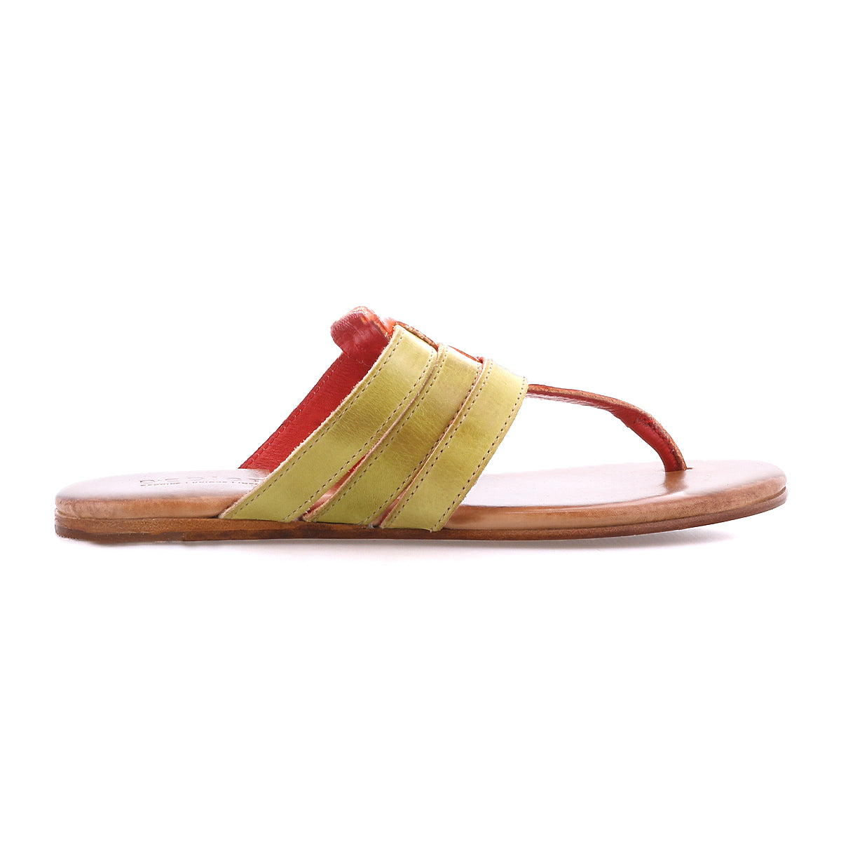 Side view of the Yoli sandal by Bed Stu in yellow and brown leather, showcasing a toe strap, two horizontal bands, and an Aztec woven design.