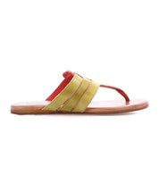 Side view of the Yoli sandal by Bed Stu in yellow and brown leather, showcasing a toe strap, two horizontal bands, and an Aztec woven design.