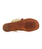 The image showcases the bottom view of the Bed Stu Yoli sandal, featuring a brown sole, vibrant green straps, and an Aztec woven leather design.