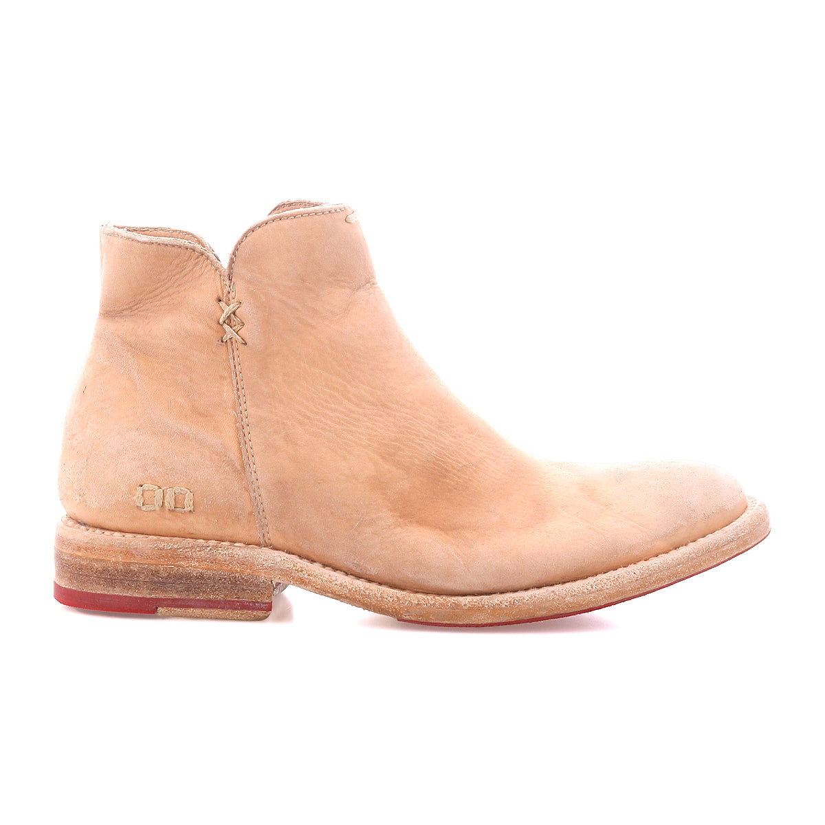 The Yurisa by Bed Stu is a light tan leather ankle boot with a low heel, visible stitching, and a slightly worn Vibram outsole—shown in side profile and ideal as your everyday go-to.