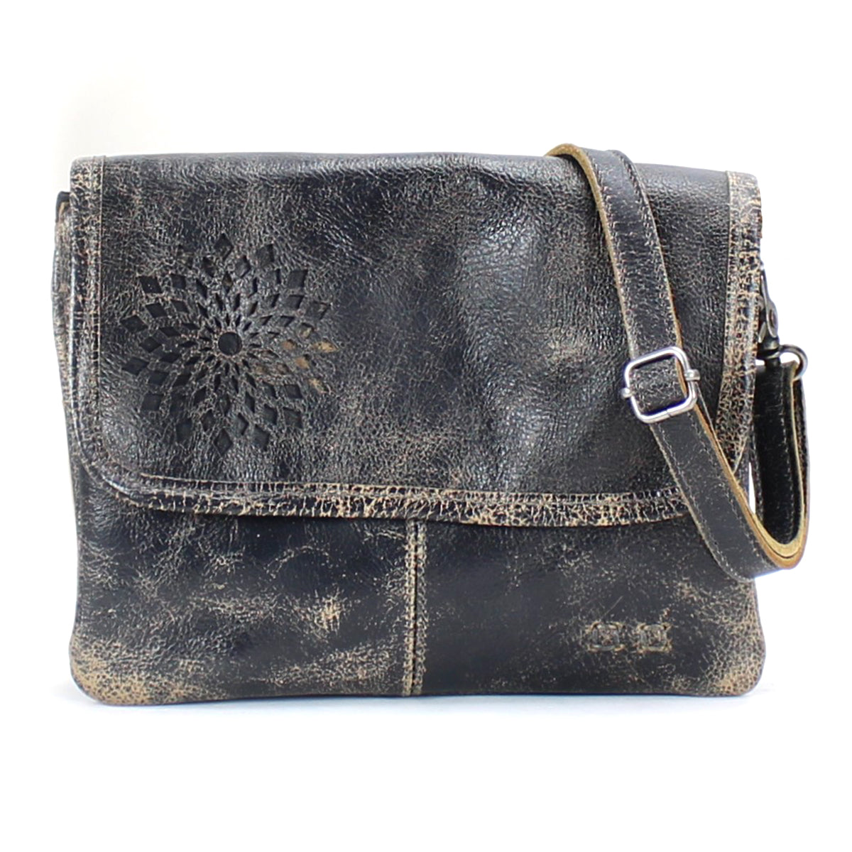 A stylish black leather Ziggy II crossbody bag by Bed Stu with a flower design and compartments.
