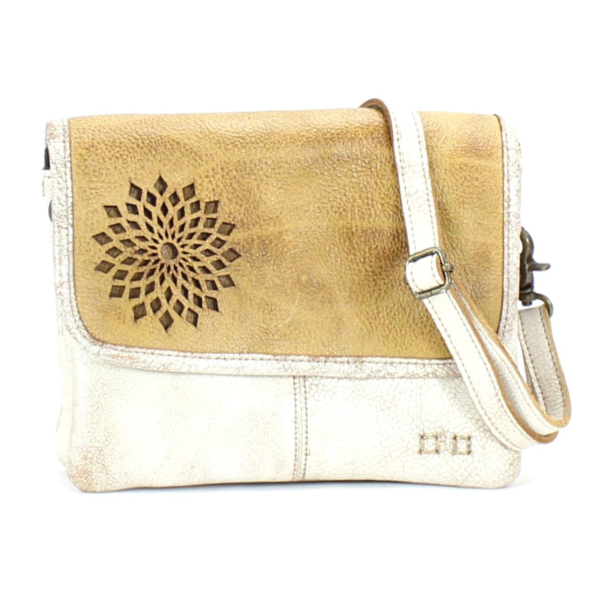 A stylish accessory, the Bed Stu Ziggy II leather bag features a flower design and compartments.