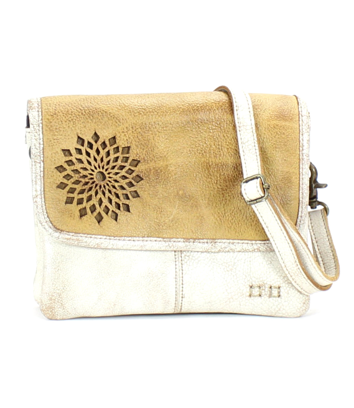 A stylish accessory, the Bed Stu Ziggy II leather bag features a flower design and compartments.