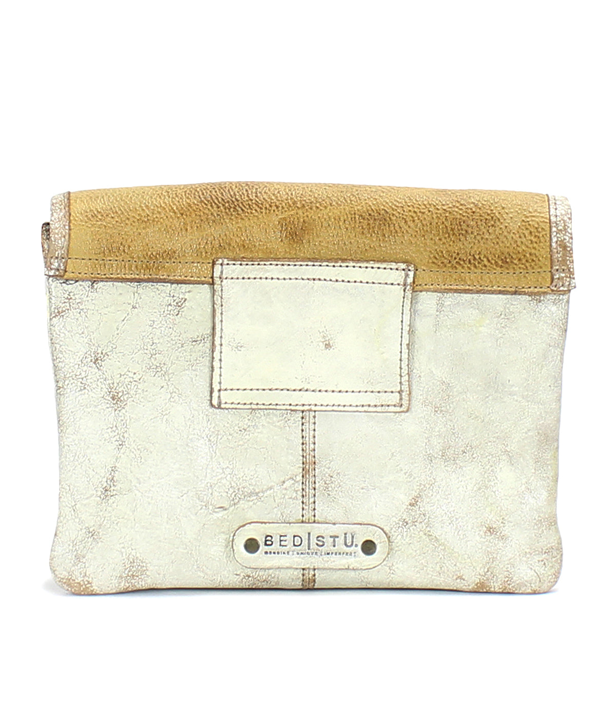 A stylish Bed Stu Ziggy II white and tan leather clutch bag with compartments.