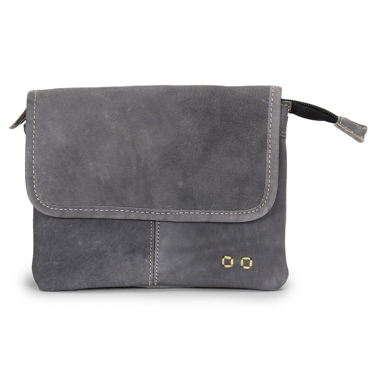 The Ziggy by Bed Stu is a gray leather clutch featuring white stitching, a front flap, zipper detail, and two small metal grommets—perfect for on-the-go fashion and effortless style.