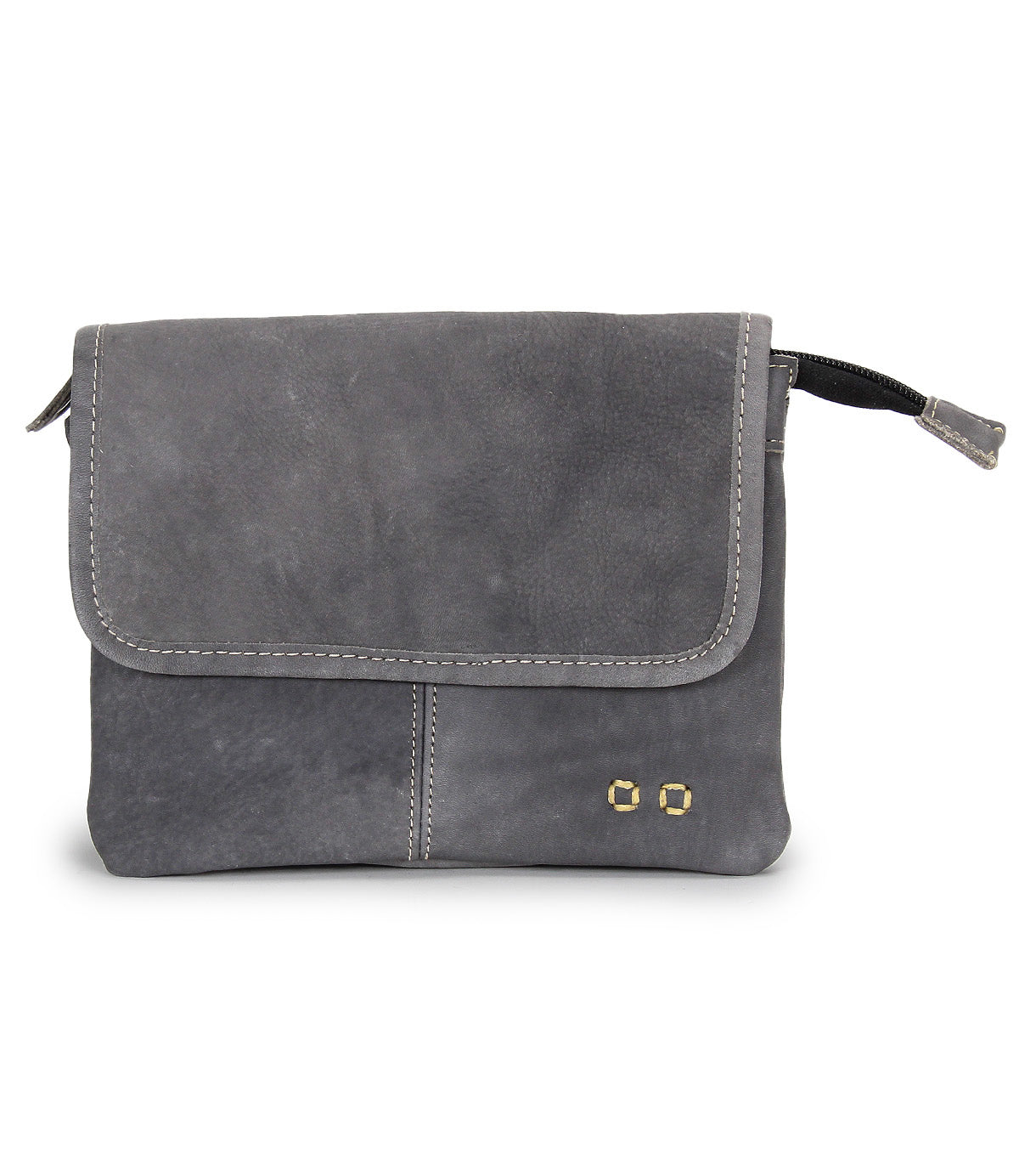 The Ziggy by Bed Stu is a gray leather clutch featuring white stitching, a front flap, zipper detail, and two small metal grommets—perfect for on-the-go fashion and effortless style.
