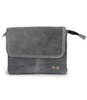 The Ziggy by Bed Stu is a gray leather clutch featuring white stitching, a front flap, zipper detail, and two small metal grommets—perfect for on-the-go fashion and effortless style.