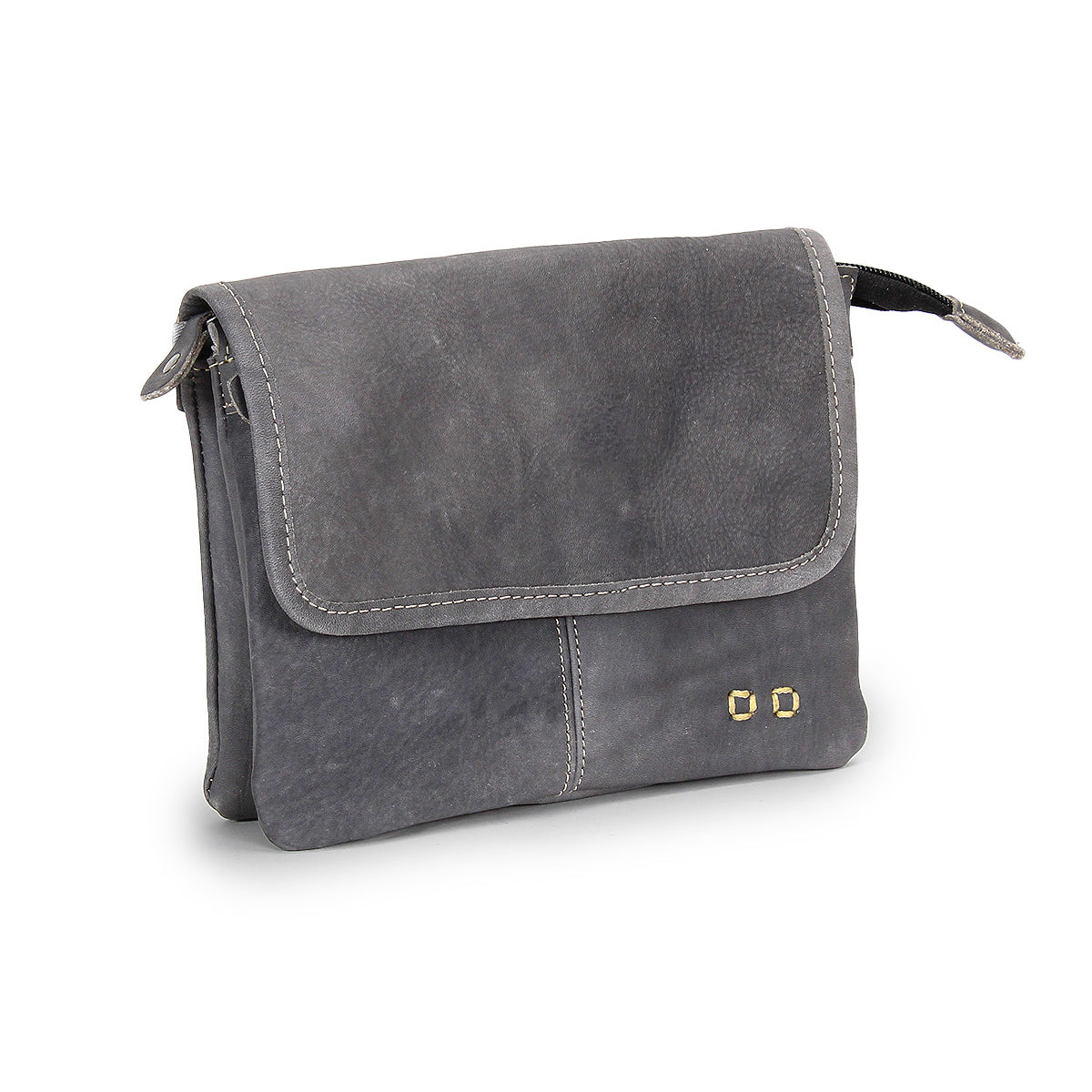 The Ziggy by Bed Stu is a small, rectangular gray leather crossbody with a flap closure, visible stitching, and two metal rivet accents—ideal for keeping your essentials stylishly at hand.