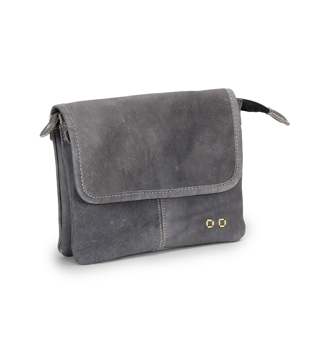 The Ziggy by Bed Stu is a small, rectangular gray leather crossbody with a flap closure, visible stitching, and two metal rivet accents—ideal for keeping your essentials stylishly at hand.