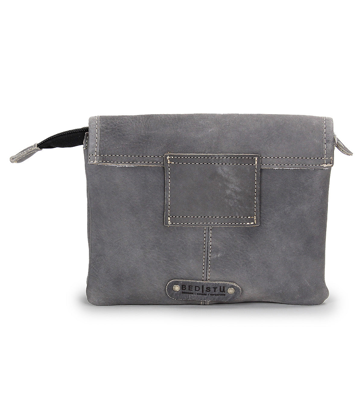 The Ziggy by Bed Stu is a gray leather clutch with white stitching, a front flap, and a small "BED|STU" metal label at the bottom—perfect for stylish outings.