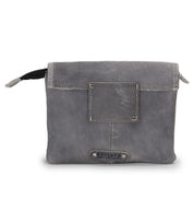 The Ziggy by Bed Stu is a gray leather clutch with white stitching, a front flap, and a small "BED|STU" metal label at the bottom—perfect for stylish outings.