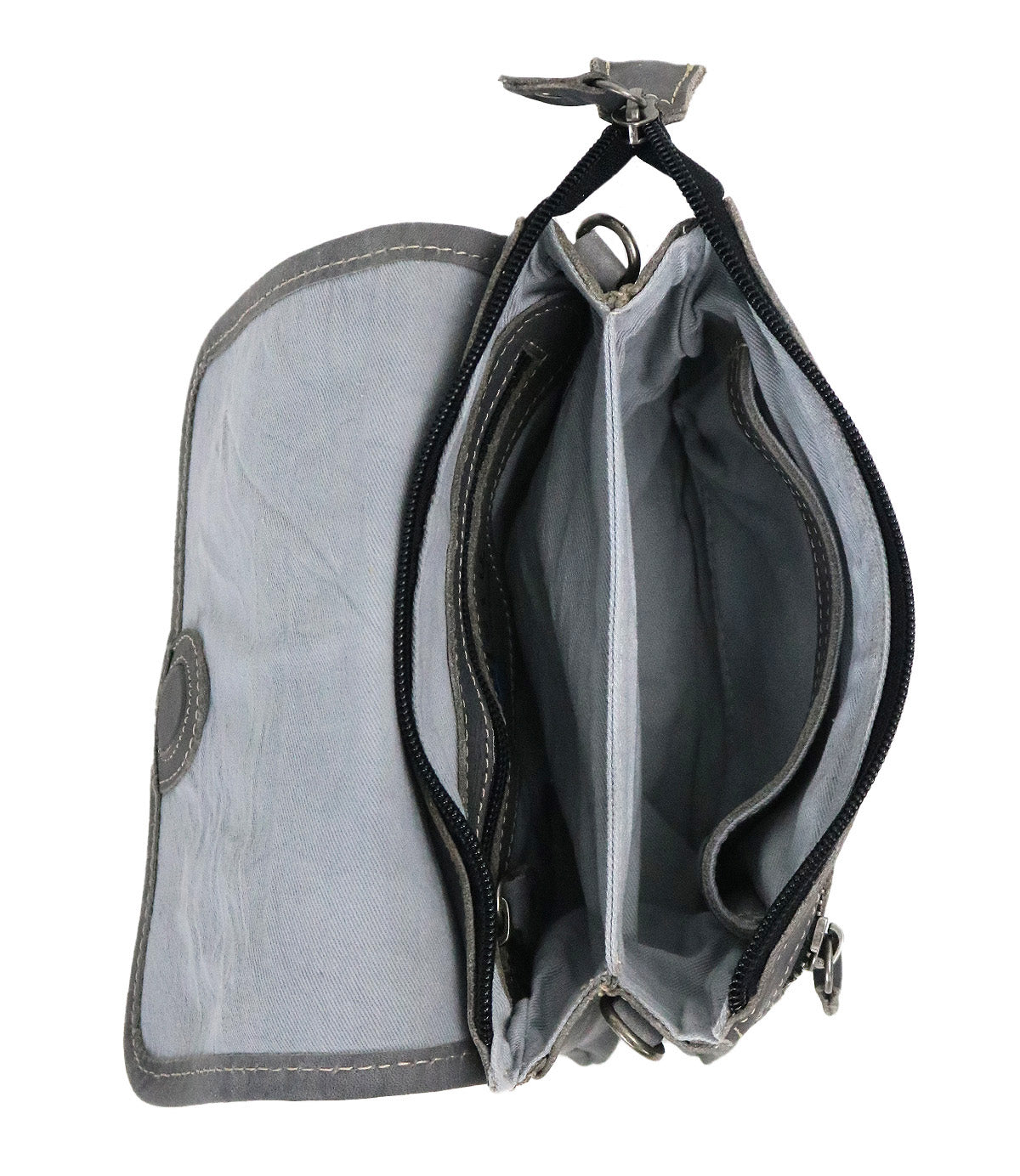The Bed Stu Ziggy wallet in gray features multiple compartments and a zipper pocket for hands-free convenience, easily fitting into your favorite belt bag or leather crossbody—viewed from above for a clear look at its versatile design.