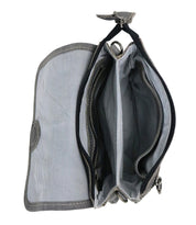 The Bed Stu Ziggy wallet in gray features multiple compartments and a zipper pocket for hands-free convenience, easily fitting into your favorite belt bag or leather crossbody—viewed from above for a clear look at its versatile design.