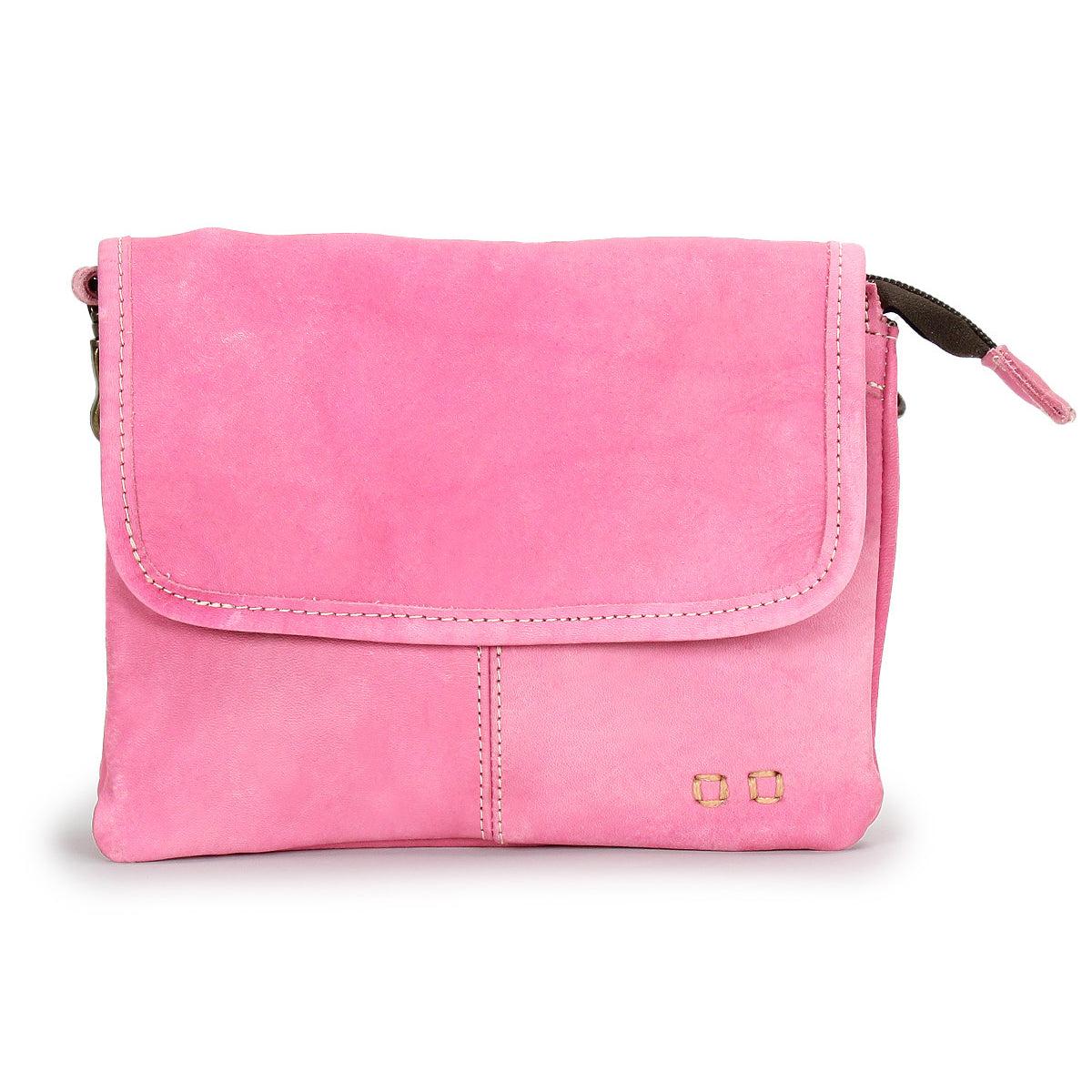 The Bed Stu Ziggy is a pink suede leather crossbody bag with a front flap, visible stitching, and gold square accents in the corner—perfect for carrying your daily essentials hands-free.