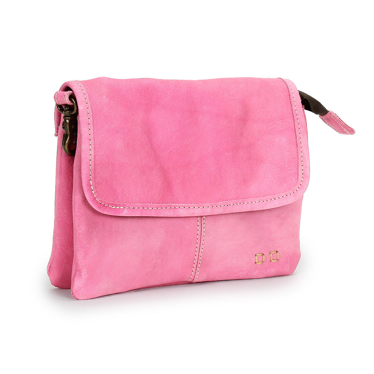 The Ziggy by Bed Stu is a small, rectangular pink leather crossbody with a flap closure and subtle gold square accents—ideal for on-the-go style.