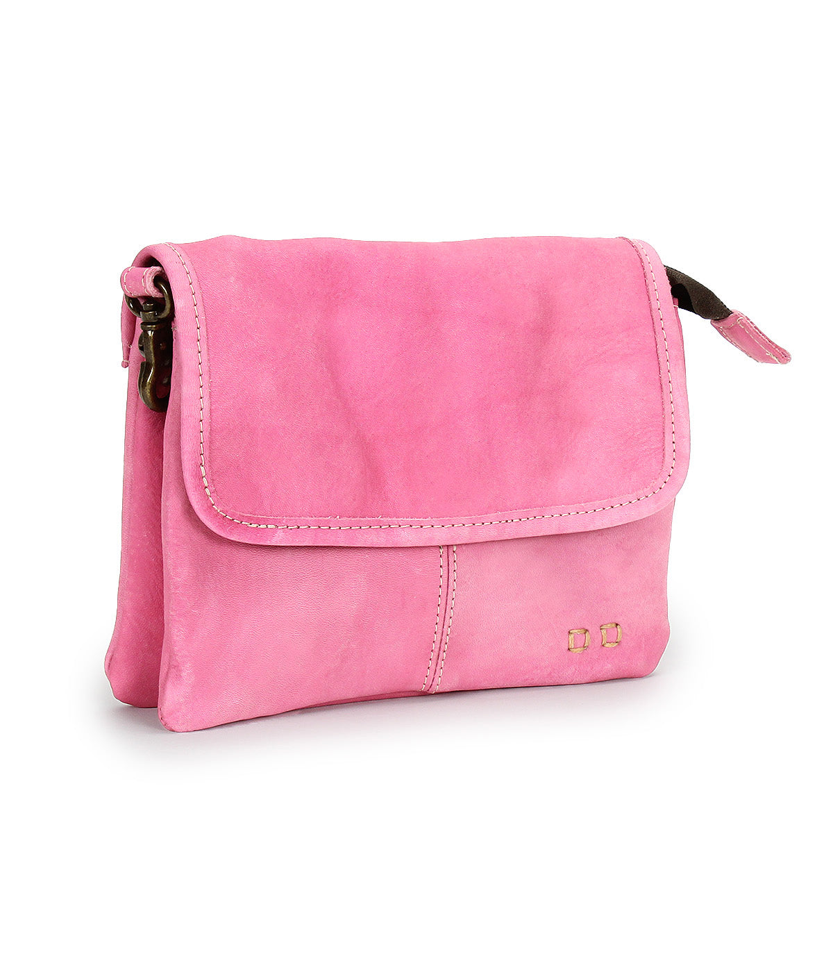 The Ziggy by Bed Stu is a small, rectangular pink leather crossbody with a flap closure and subtle gold square accents—ideal for on-the-go style.