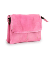 The Ziggy by Bed Stu is a small, rectangular pink leather crossbody with a flap closure and subtle gold square accents—ideal for on-the-go style.
