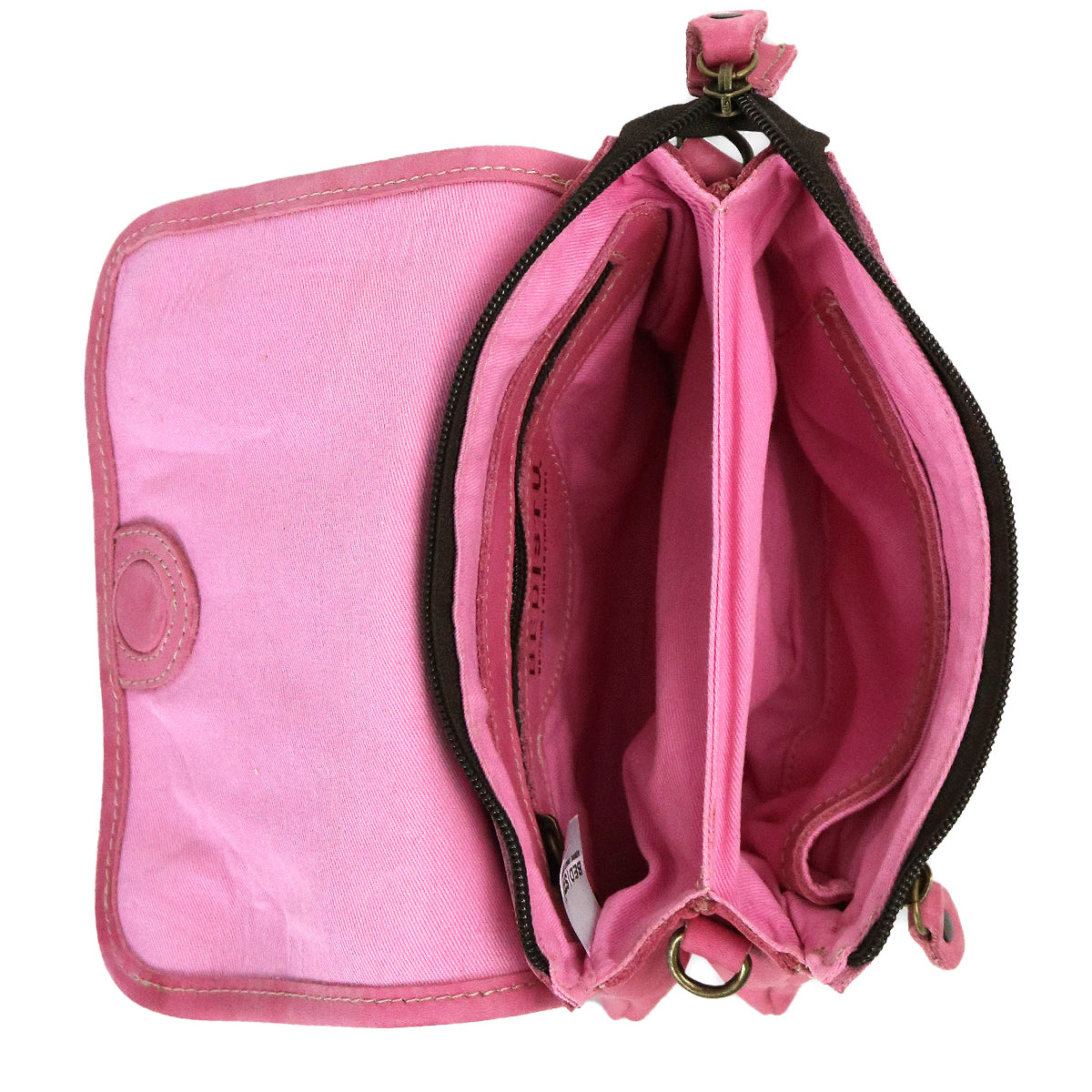 The Bed Stu Ziggy is a compact pink fabric wallet with multiple empty compartments and a zippered pocket, ideal for carrying in your favorite leather crossbody for hands-free convenience.