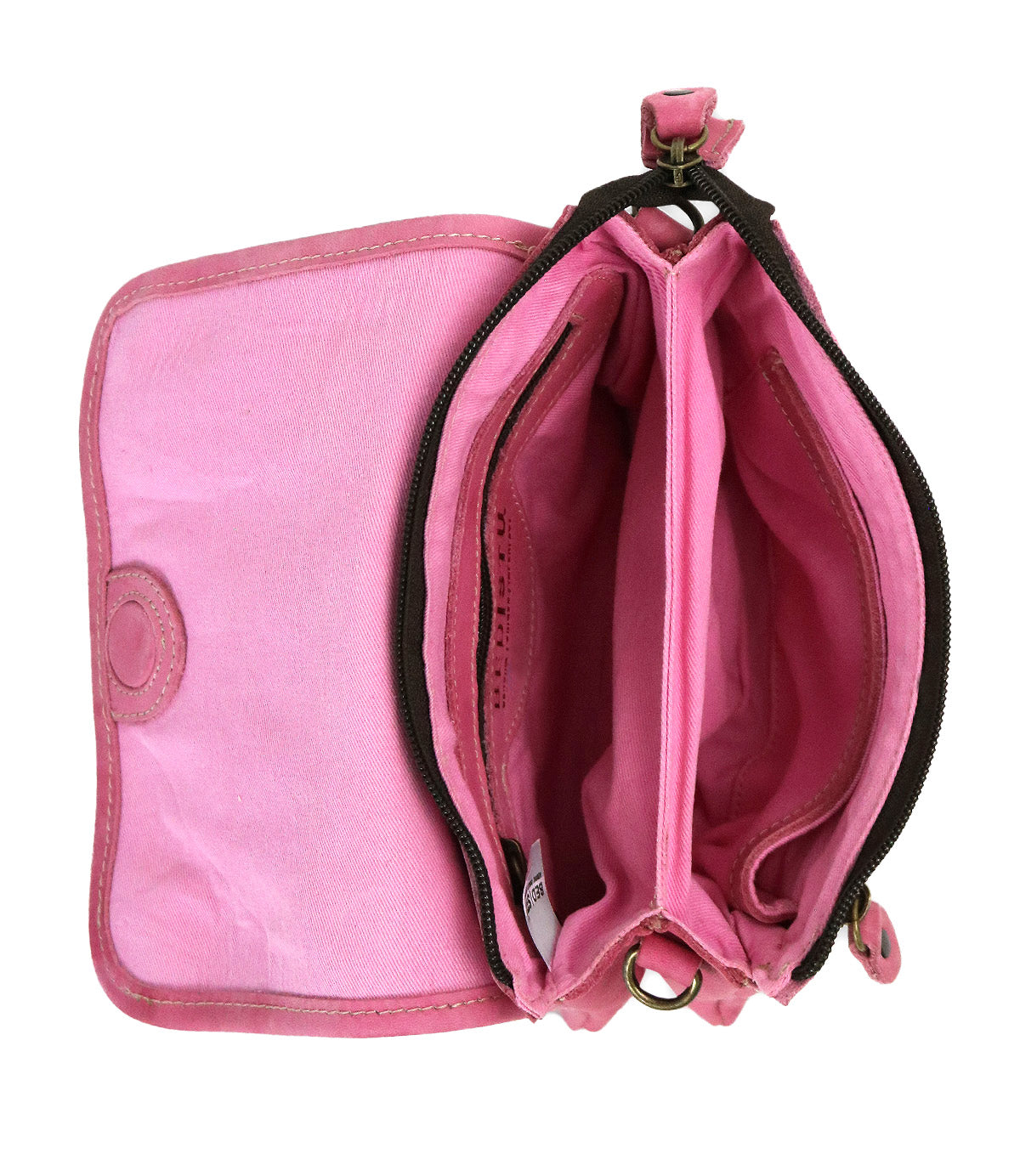 The Bed Stu Ziggy is a compact pink fabric wallet with multiple empty compartments and a zippered pocket, ideal for carrying in your favorite leather crossbody for hands-free convenience.