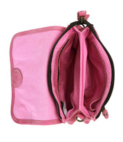 The Bed Stu Ziggy is a compact pink fabric wallet with multiple empty compartments and a zippered pocket, ideal for carrying in your favorite leather crossbody for hands-free convenience.
