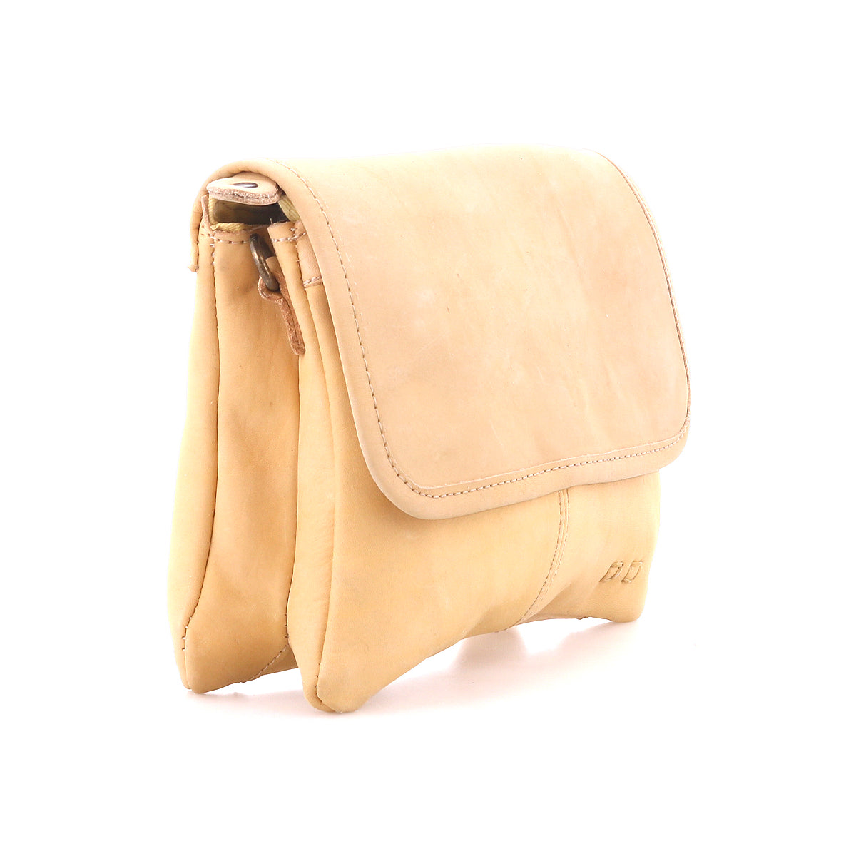 The Bed Stu Ziggy is a tan leather crossbody bag with a flap closure, two compartments, and visible stitching for hands-free use, displayed on a white background.