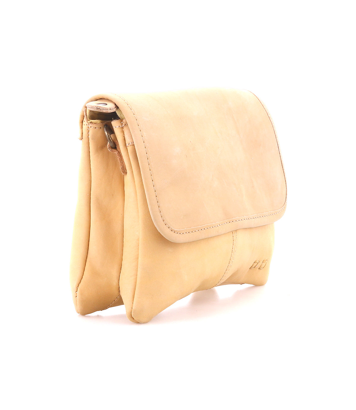 The Bed Stu Ziggy is a tan leather crossbody bag with a flap closure, two compartments, and visible stitching for hands-free use, displayed on a white background.