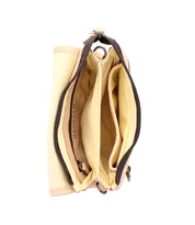 The Bed Stu Ziggy is a beige and brown leather crossbody wallet with multiple compartments and a zipper, displayed open from above on a white background—ideal for hands-free convenience.