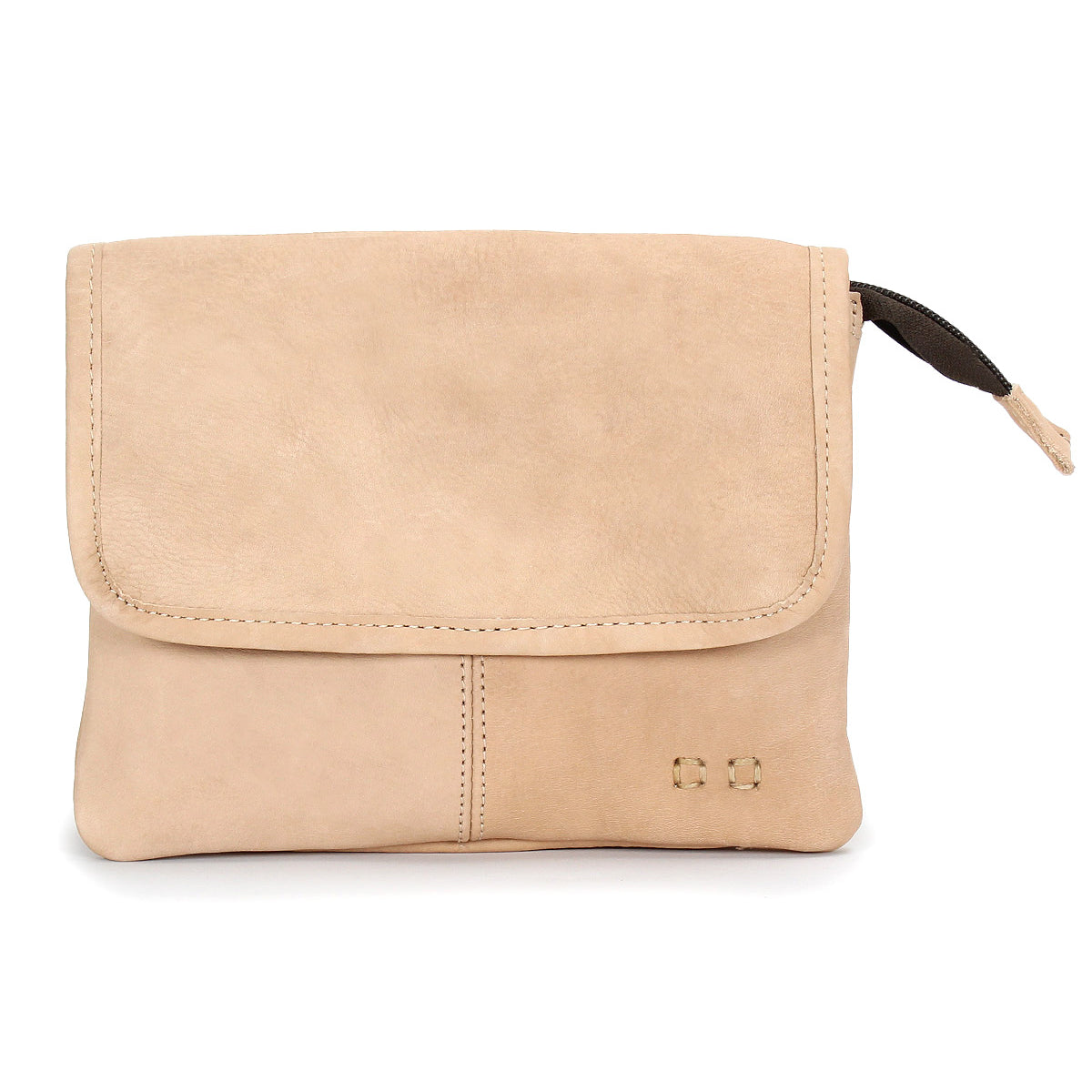 The Ziggy by Bed Stu is a small beige leather pouch with a front flap, visible stitching, and a black zipper pull—ideal as a stylish belt bag for effortless on-the-go fashion.
