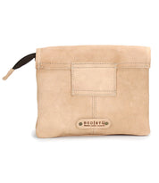 The Ziggy by Bed Stu is a beige leather zippered pouch with a stitched front pocket and a branded label—ideal for on-the-go style or as a trendy leather crossbody.