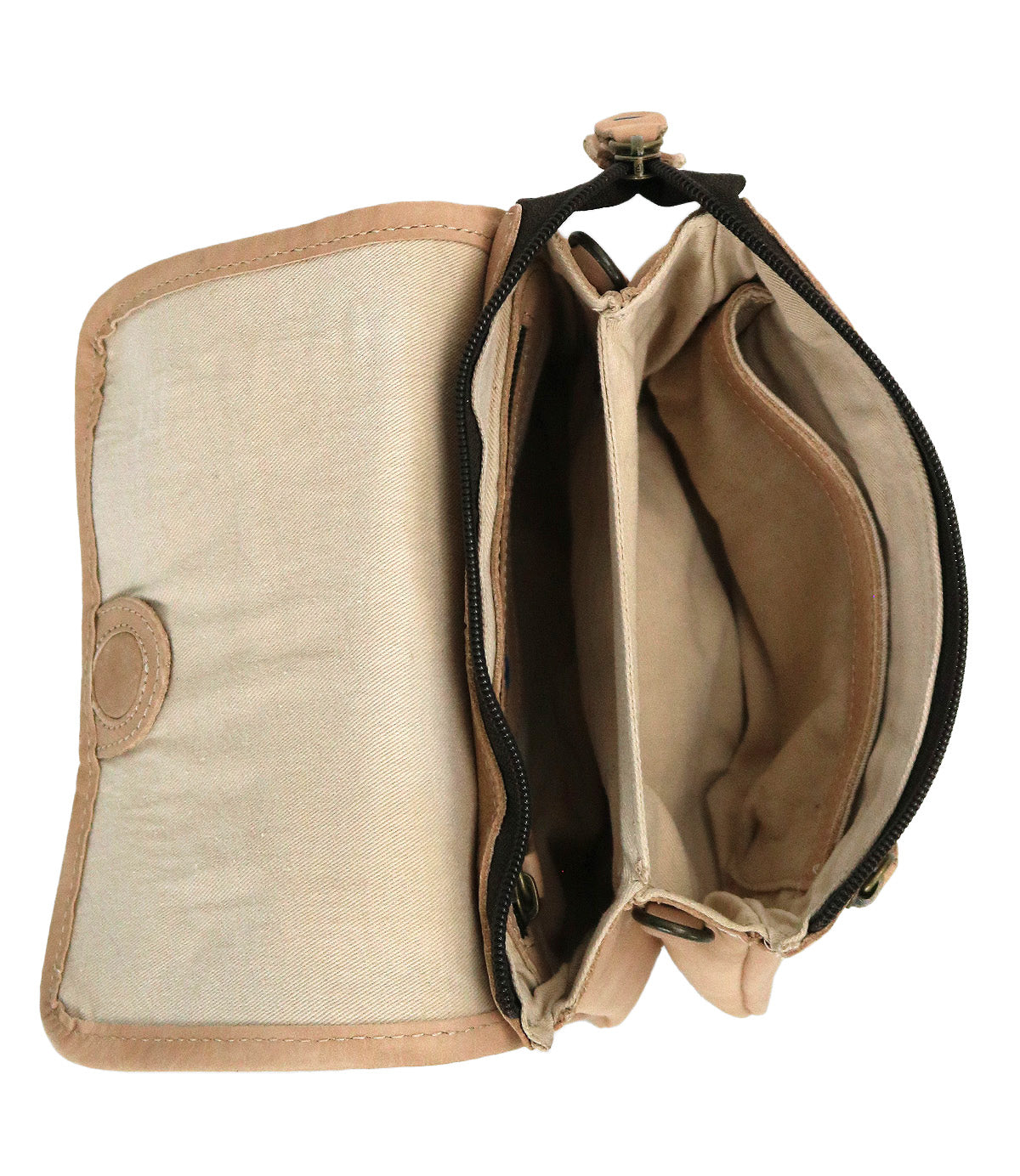 The Bed Stu Ziggy beige fabric wallet opens to reveal two main compartments—one with a button and one with a zipper—both empty, offering hands-free convenience when used with your favorite belt bag.