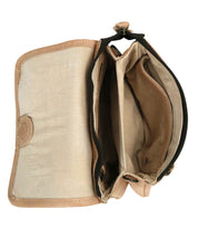 The Bed Stu Ziggy beige fabric wallet opens to reveal two main compartments—one with a button and one with a zipper—both empty, offering hands-free convenience when used with your favorite belt bag.