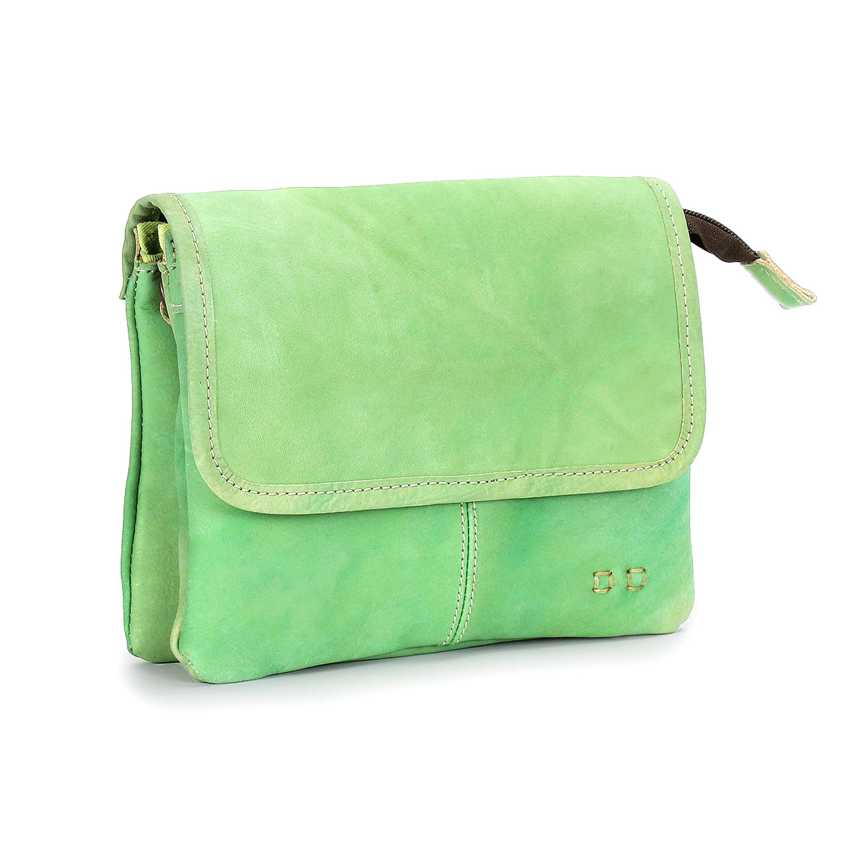 The Bed Stu Ziggy is a small, rectangular light green leather crossbody bag with a flap closure and subtle stitching—an effortlessly stylish, versatile accessory for any outfit.