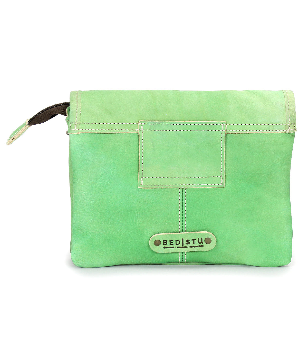 The Ziggy by Bed Stu is a mint green leather pouch with a zipper closure and front logo tag—perfect to wear as a chic crossbody or belt bag for effortless style.