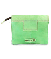 The Ziggy by Bed Stu is a mint green leather pouch with a zipper closure and front logo tag—perfect to wear as a chic crossbody or belt bag for effortless style.