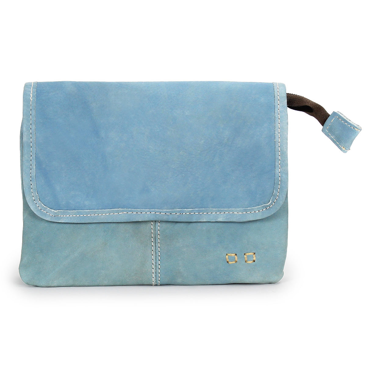The Bed Stu Ziggy is a light blue leather clutch with a stitched flap closure and two square metal accents, perfect for stylish looks. Wear it as a chic crossbody for versatile fashion.