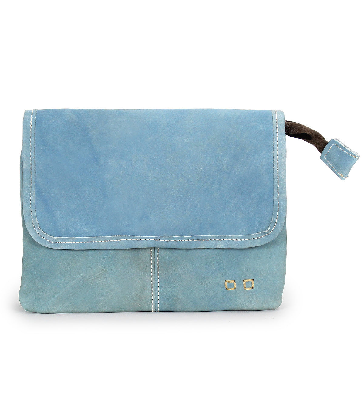 The Bed Stu Ziggy is a light blue leather clutch with a stitched flap closure and two square metal accents, perfect for stylish looks. Wear it as a chic crossbody for versatile fashion.