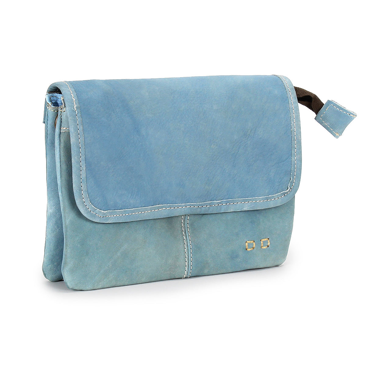 The Bed Stu Ziggy is a light blue leather crossbody bag featuring a flap closure, white stitching, and two small square metal accents on the bottom right corner.