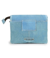 The Ziggy by Bed Stu is a light blue leather zippered pouch with a small strap and front logo patch, perfect as a chic belt bag or stylish accessory for any fashion-forward look.