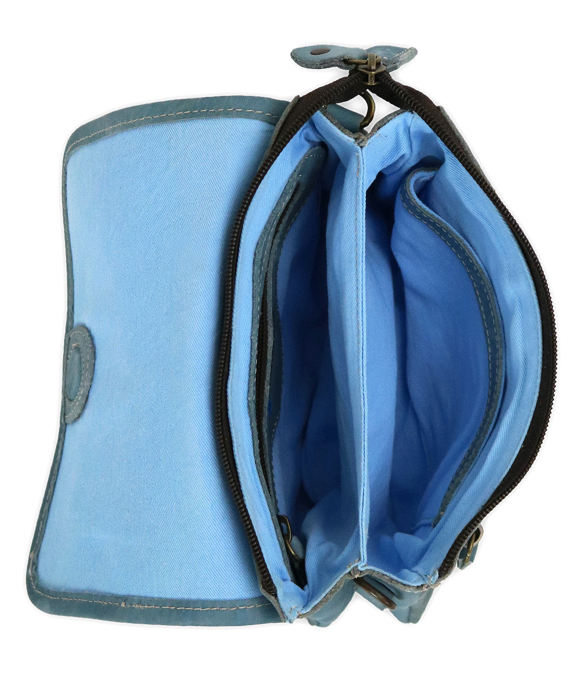 The Bed Stu Ziggy is a blue fabric wallet featuring multiple compartments and a visible zipper section—ideal for slipping into your favorite leather crossbody or pairing with a trendy belt bag for everyday style.