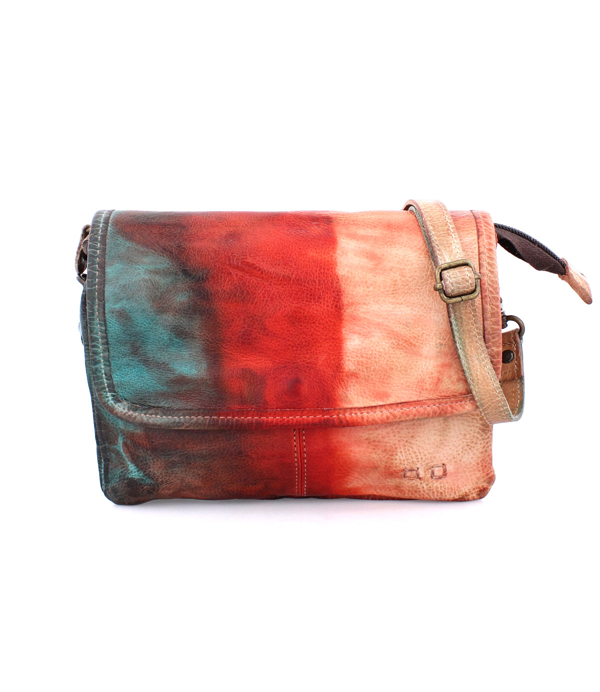 A Ziggy crossbody bag with a red, blue, and green dye by Bed Stu.